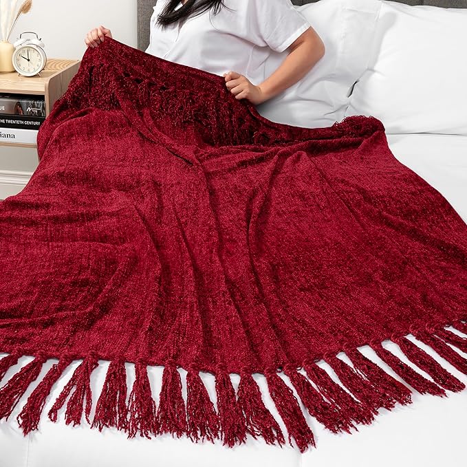 PAVILIA Burgundy Red Chenille Throw Blanket for Couch Sofa, Soft Maroon Red Knit Throw with Tassel, Decorative Blanket for Bed Chair Living Room, Wine Red 50x60