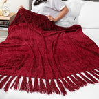 PAVILIA Burgundy Red Throw Blanket for Couch and Bed, Chenille Woven Soft Knit Maroon Blanket with Tassel, Decorative Textured Blanket for Living Room, Wine Red 60x80