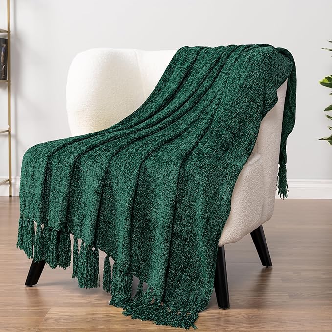 PAVILIA Emerald Green Throw Blanket for Couch, Twin Size Bed, Chenille Soft Knit Woven With Tassel, Decorative Textured for Sofa, Living Room 60x80