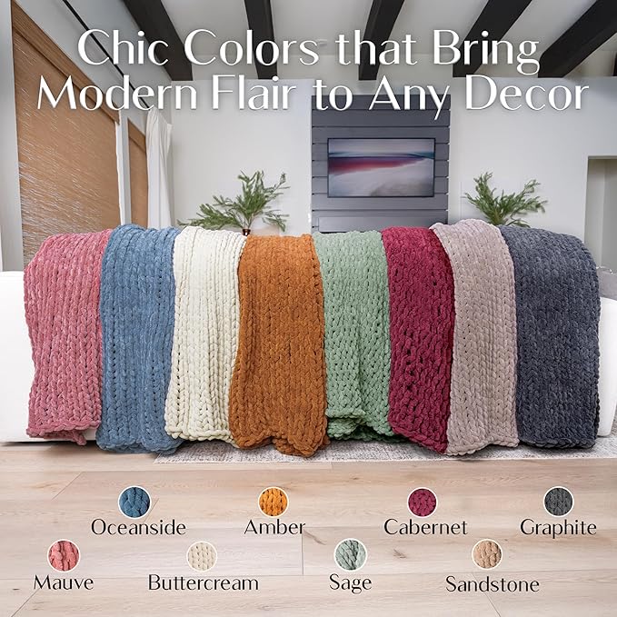 Samiah Luxe Chunky Knit Blanket Throw 50x60", Brown Chenille Chunky Knit Throw Blanket for Living Room Decor or Boho Decor, Thick Yarn Knitted Blankets for Couch or Bed, Cable Knitted Crochet Blankets