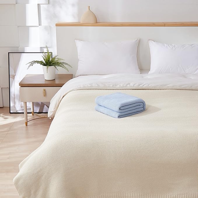 Longhui bedding Cream Cotton Cable Knit Throw Blanket for Couch Sofa Bed, Home Decorative Throw Blanket for Couch, Lightweight Woven Throw Blankets with Bonus Laundering Bag, 3.4 Pounds 60 x 80 Beige