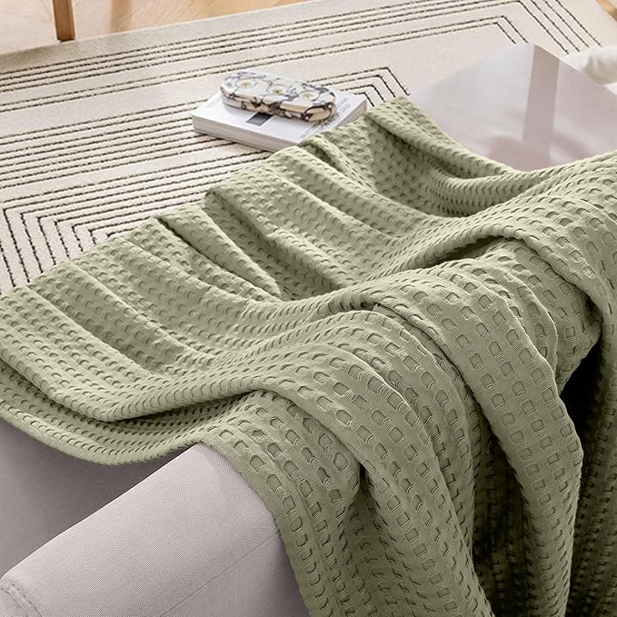 Elegant Comfort Premium 100% Cotton Waffle Blanket - Lightweight Breathable Waffle Weave Bed Blanket - Soft and Warm All Season Blanket for Couch, Sofa and Bed, Full Size 88x88 Inches, Sage