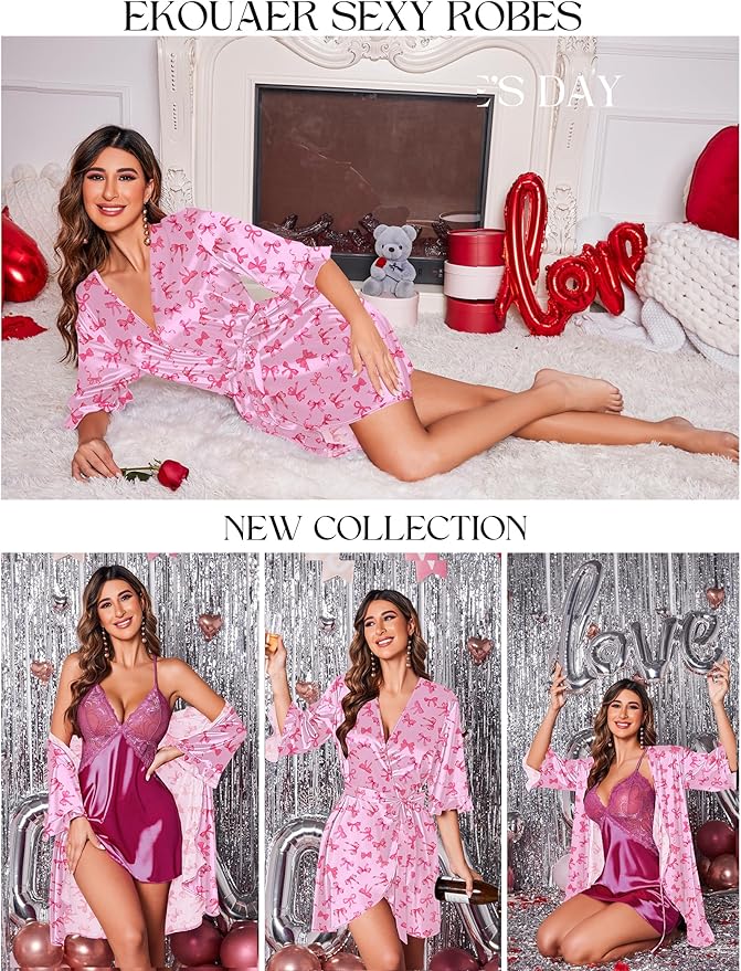 Ekouaer Women's Satin Robe Valentines Lingerie for Women Kimono Bathrobe Short Ruffle Belted Robes Bridesmaids Sleepwear