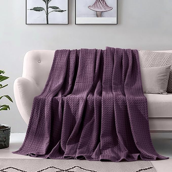 Elegant Comfort Premium 100% Cotton Waffle Blanket - Lightweight Breathable Waffle Weave Bed Blanket - Soft and Warm All Season Blanket for Couch, Sofa and Bed, King Size 90x108 Inches, Purple