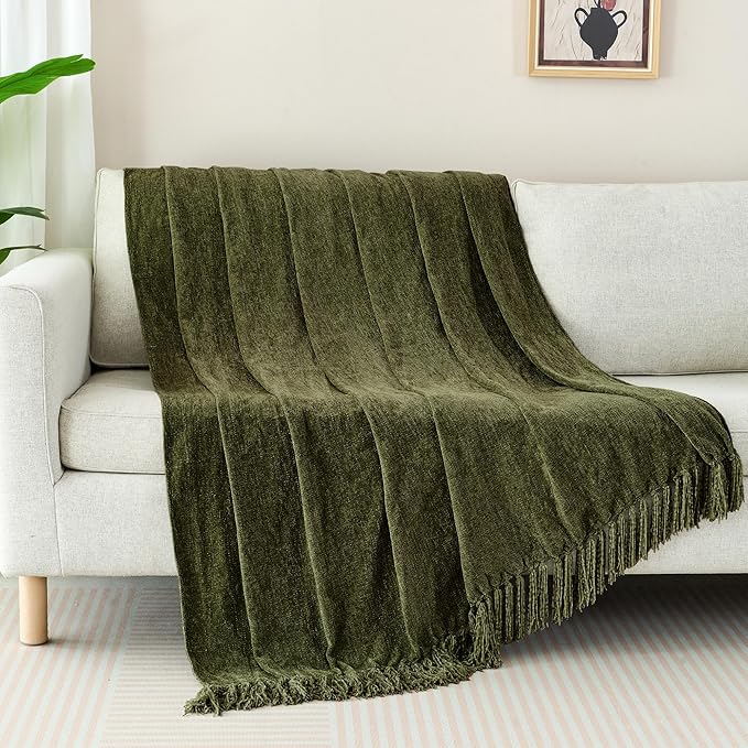 Chenille Throw Blanket for Couch with Tassels,60"X80" Soft Cozy Lightweight Knitted Boho Decorative Blankets for Bed and Sofa,Olive Green