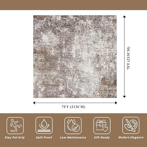 7x7 Area Rug Square Washable – Non-Slip Soft Indoor Carpet for Dining Room Living Room Kitchen Bedroom – Modern Abstract Neutral Low-Pile Accent Rug (Brown Beige, 7x7)