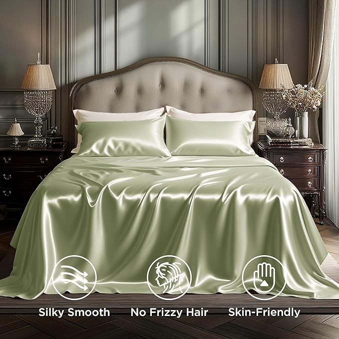 Bedsure Satin Sheets King Size - 4 Piece Silky Bedsheets with Elastic Corner Straps and 15 Inches Deep Pocket Fitted Bedsheet,1 Flat Sheet, 2 Satin Pillowcases, Good for Hair &Skin (King, Light Green)