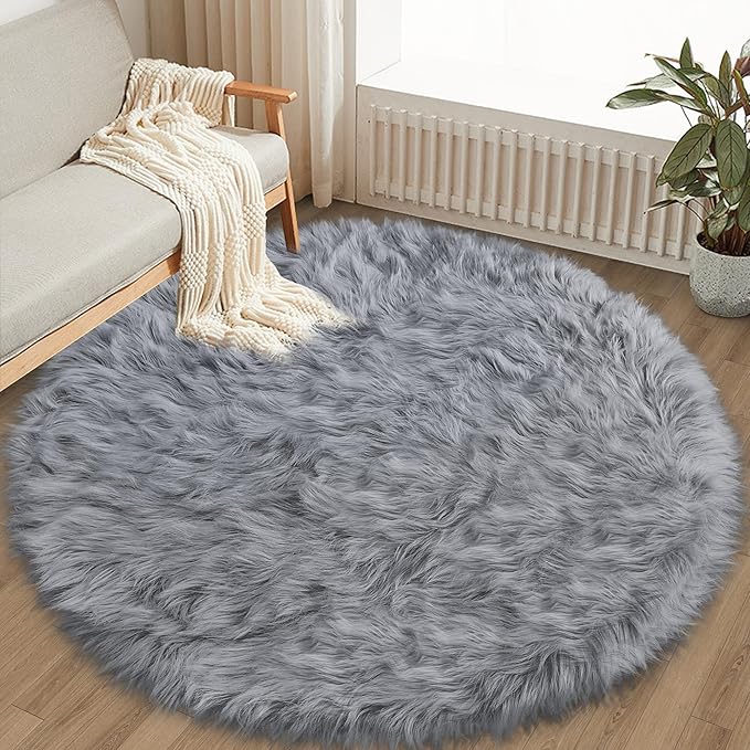 Grey Faux Fur Round Rugs for bedroom Living Room, 5'X5' Fluffy Circle Rug for Kids Room, Furry Carpet for Teen Girls/boys Room, Non-Slip Shaggy Circular Rug Plush Rug