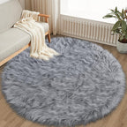 Grey Faux Fur Round Rugs for bedroom Living Room, 5'X5' Fluffy Circle Rug for Kids Room, Furry Carpet for Teen Girls/boys Room, Non-Slip Shaggy Circular Rug Plush Rug