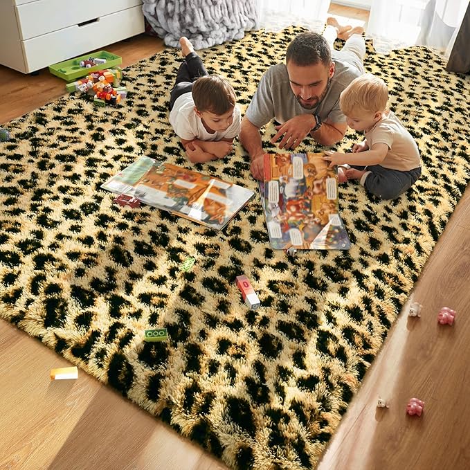 HOMORE Leopard Fluffy Rugs 6x9, Leopard Print Rug for Living Room Bedroom,Soft Cheetah Print Rug for Kids Children Room, Faux Animal Printed Carpet for Western Decor,Black and Khaki