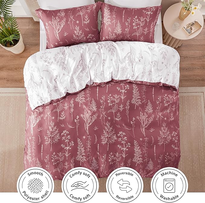 Love's cabin Vintage Rose Full Comforter Set - Full Size Comforter Set, 3 Pieces Cute Floral Bedding Sets for All Seasons,1 Soft Reversible Botanical Flowers Comforter and 2 Pillow Shams