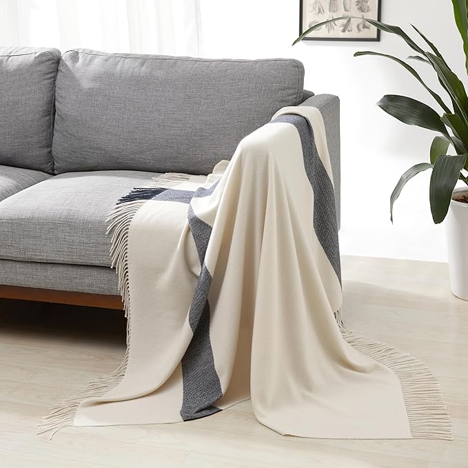 Amazon Basics Chunky Knit Throw Blanket, Lightweight Polyester with Textured Cross-Check Pattern and Fringed Edges, 50 x 60 Inch, Ivory with Blue