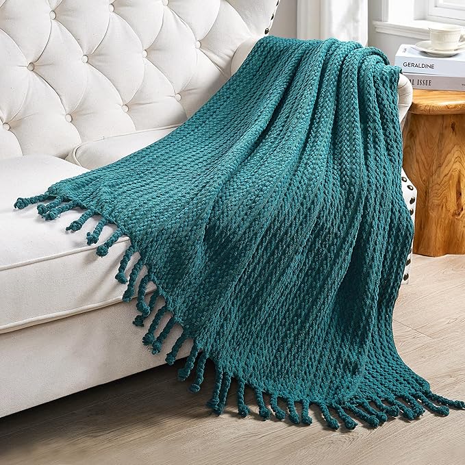 Striped Knit Throw Blanket with Braided Tassels 50" x 60", Hand Knitted Soft Chunky Chain Design Boho Farmhouse Blanket, Solid Color Tassel Decor Throw for Couch Bed Sofa Outdoor, Dark Teal