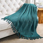 Striped Knit Throw Blanket with Braided Tassels 50" x 60", Hand Knitted Soft Chunky Chain Design Boho Farmhouse Blanket, Solid Color Tassel Decor Throw for Couch Bed Sofa Outdoor, Dark Teal