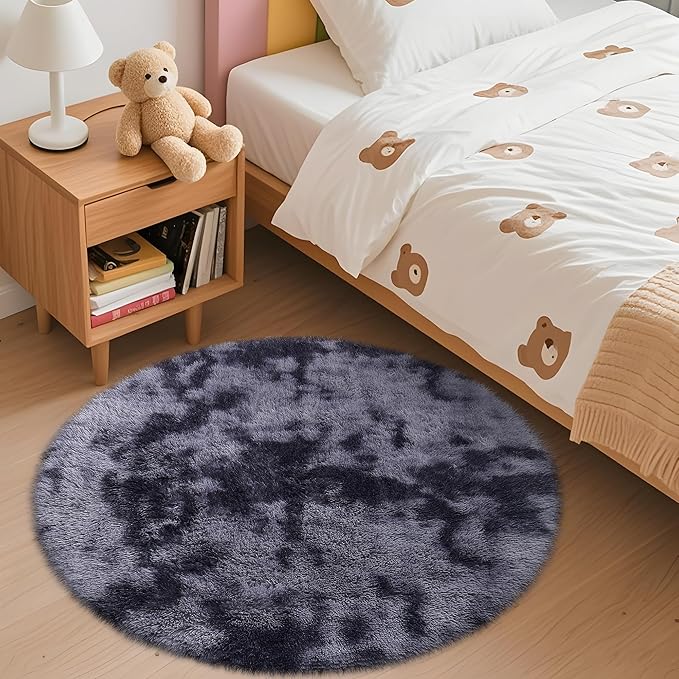 OLANLY Light Grey Tie-dye Round Rugs for Bedroom - Machine Washable, 3x3 Feet Circle Area Rugs for Living Room, Soft and Fluffy Shaggy Carpet for Teen Girls and Boys, Dorms, Home Decor Aesthetic