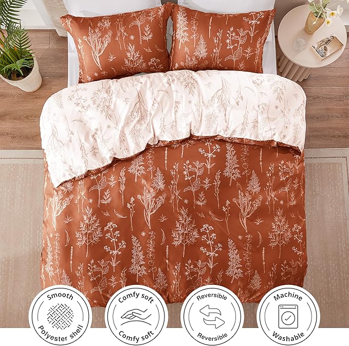 Love's cabin Terracotta Twin Comforter Set - Twin XL Size Comforter Set Dorm Bedding, 2 Pieces Cute Floral Bedding, Soft Reversible Flowers Comforter, 1 Comforter & 1 Pillow Sham