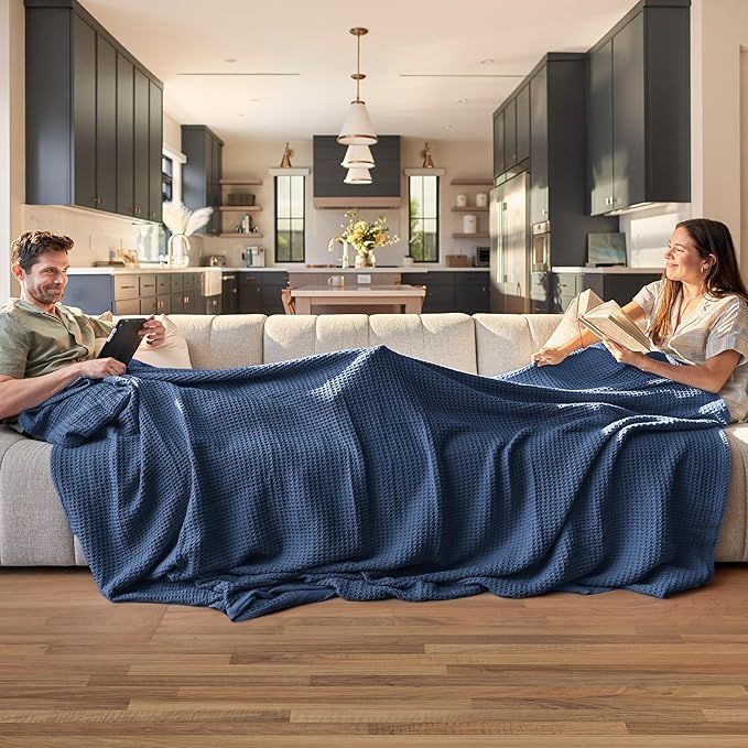 Bedsure Gentlesoft 100% Cotton Blanket Queen Size for Bed - Cooling Breathable and Soft for Spring Summer, Thick Cozy Waffle Weave Blanket Gifts for Women, Navy, 90x90 Inches