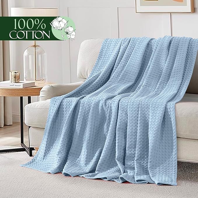 Elegant Comfort Premium 100% Cotton Waffle Blanket - Lightweight Breathable Waffle Weave Bed Blanket - Soft and Warm All Season Blanket for Couch, Sofa and Bed, TwinXL Size 68x90 Inches, Light Blue