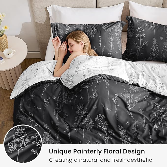Love's cabin Black Twin Comforter Set - Twin XL Size Comforter Set Dorm Bedding, 2 Pieces Cute Floral Bedding, Soft Reversible Flowers Comforter, 1 Comforter & 1 Pillow Sham