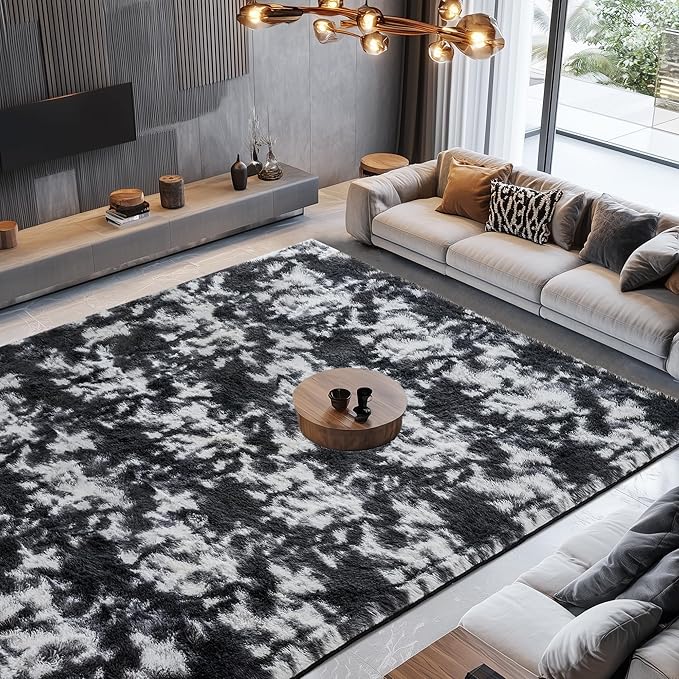 Litanika 5x8 Fluffy Shag Faux Fur Area Rug for Living Room Bedroom, Tie-Dyed Black White High Pile Soft Plush Shaggy Furry Bedside Playroom Dorm Carpet, Non-Slip, Non-Shedding Modern Indoor Floor Rug