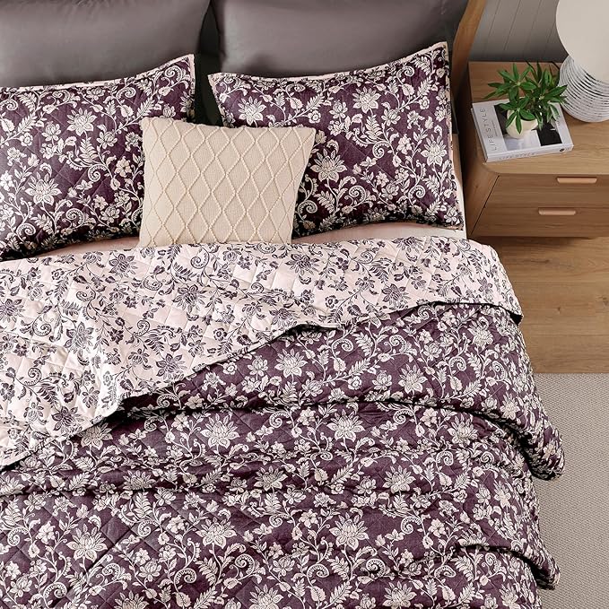 BLOOMHAVEN Quilt Set Twin Size, Italian Plum Floral Quilt Sets, Reversible Bedspread Lightweight and Breathable for All Seasons, Soft Quilted Bedspread with 1 Pillow Sham