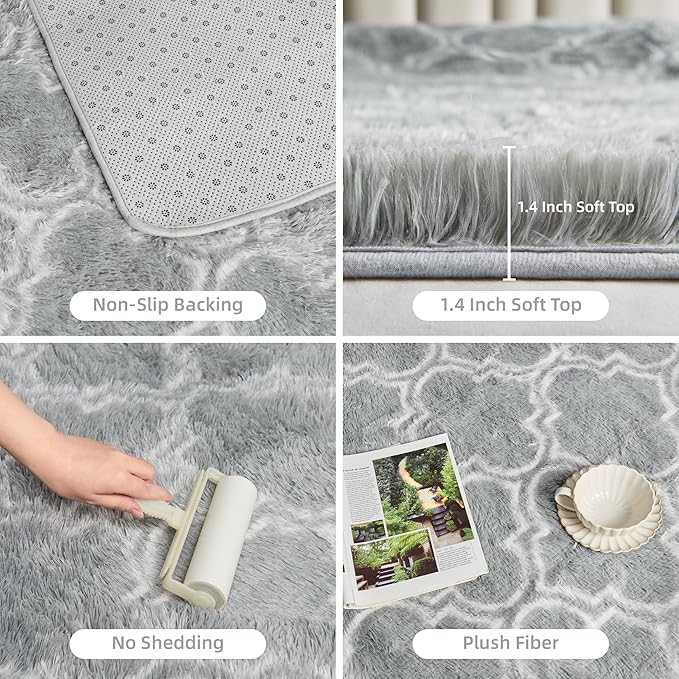 Litanika 6x9 Geometric Shag Area Rug for Bedroom, Light Grey and White High Pile Ultra Soft Plush Shaggy Furry Bedside Playroom Dorm Carpet, Non-Slip, Non-Shedding Indoor Floor Rug