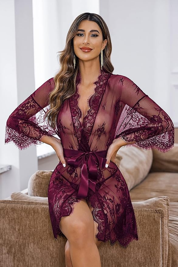 Avidlove Women's Lace Kimono Robe Babydoll Lingerie Mesh Nightgown S-5XL