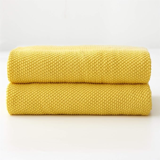 Longhui bedding Lemon Bright Yellow Cotton Cable Knit Throw Blanket for Couch Sofa Chair Home Decorative, Woven Throw Blankets 50 x 60 Inch 2.1 Pounds with a Washing Bag