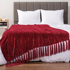 PAVILIA Burgundy Red Chenille Throw Blanket for Couch Sofa, Soft Maroon Red Knit Throw with Tassel, Decorative Blanket for Bed Chair Living Room, Wine Red 50x60