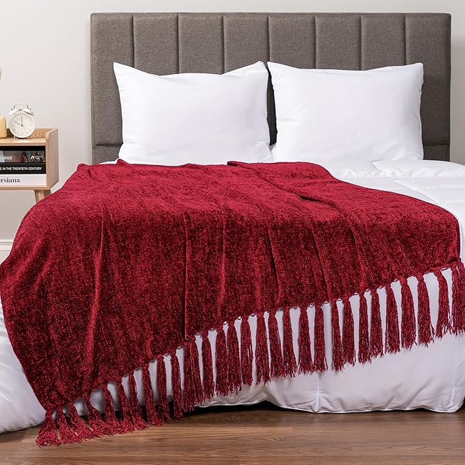 PAVILIA Burgundy Red Chenille Throw Blanket for Couch Sofa, Soft Maroon Red Knit Throw with Tassel, Decorative Blanket for Bed Chair Living Room, Wine Red 50x60