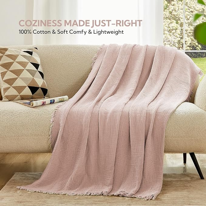 SOULFUL Muslin Throw Blanket with Tassels - Soft King Size Cotton Throw Blanket for Couch or Bed, Lightweight and Breathable Gauze for All Seasons, LightChampagne, 108" x 90"