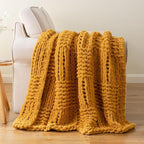 Bunnikins & Clover Mustard Yellow Throw Blanket for Couch, Chunky Knit Gold Blanket Throw with Chenille Yarn for Bed Living Room Home Decor, 50"x60"