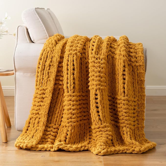 Bunnikins & Clover Mustard Yellow Throw Blanket for Couch, Chunky Knit Gold Blanket Throw with Chenille Yarn for Bed Living Room Home Decor, 50"x60"