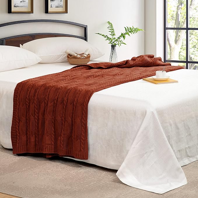 Aormenzy Red Brown Knit Throw Blanket - Cable Knit Decorative Soft Cozy Blanket for Sofa Couch Bed, 50" x 60"