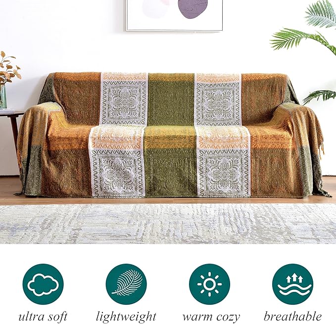 Boho Sofa Cover, Bohemian Throw Blanket Tassels Hippie Decor Covers Couch Chair loveseat Furniture Bed， Bohemian Tribal Fringe slipcover
