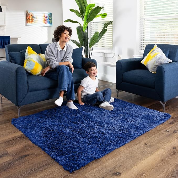 Ophanie Upgrade Rugs Fluffy Shaggy Soft Area Rug Non-Slip Indoor Floor Carpet 3x5 Ft Navy Blue