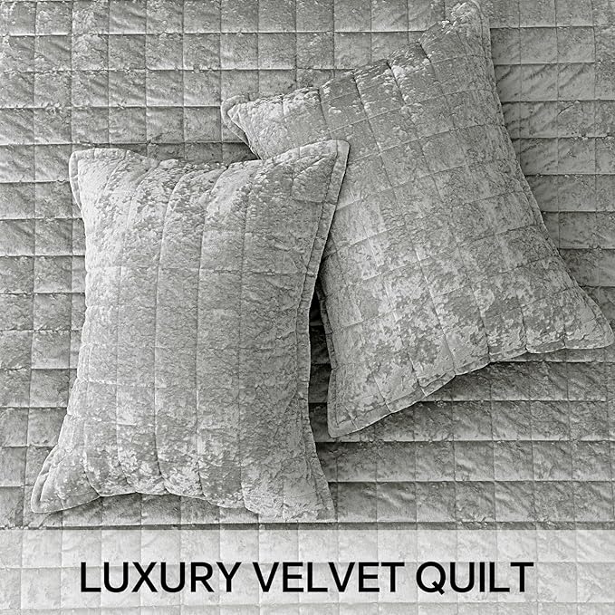 BEDELITE Velvet Quilt Set Queen Size - Luxury Velvet Comforter Bedding Set 3 Pieces, Lightweight Soft Cozy Shiny Light Grey Oversized Bedspread Coverlet for All Seasons with 2 Pillow Shams