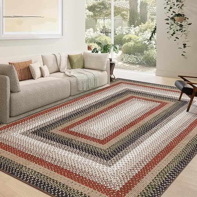 RUGSREAL Braided Washable Area Rug 8x10 Large Rug for Living Room Modern Braid Bedroom Rug Non Slip Stain Resistant Dining Room Throw Carpet Soft Farmhouse Accent Carpet for Home Decor, Crimson/Earthy