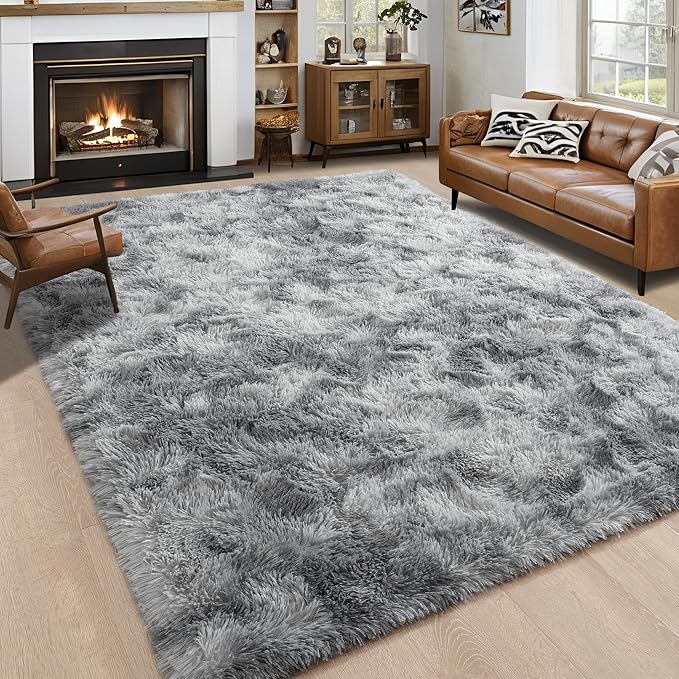Noahas Large Fluffy 6x9 Area Rugs for Living Room Bedroom,Tie-Dyed Grey Thick Shag Throw Rug,Big Soft Shaggy Bedside Non-Slip Plush Dorm Nursery Kids Carpet