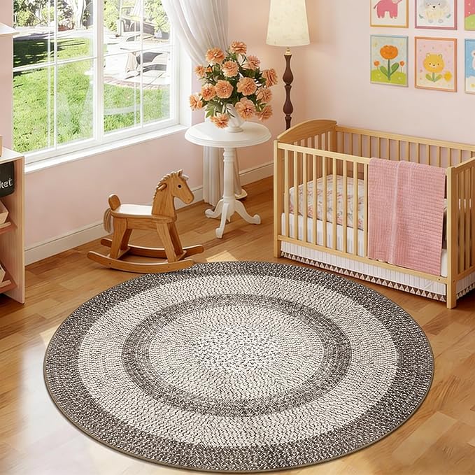 Modern Bordered Round Area Rug 4ft Washable Bedroom Circle Rugs Non Slip Stain Resistant Dining Room Round Throw Carpet Contemporary Circle Mats for Living Room Kitchen Nursery, Mocha