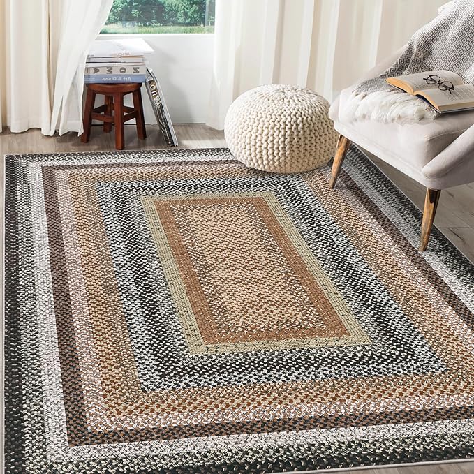 RUGSREAL Modern Rug for Entryway 3x5 Braided Area Rug Machine Washable Living Room Rug Non Slip Small Dining Room Throw Carpet Stain Resistant Farmhouse Rustic Mat for Bedroom Kitchen, Sand/Bronze