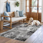 3x4 Washable Entryway Rug – Non-Slip Modern Abstract Small Area Rug for Kitchen, Bedroom, Bathroom – Soft Low-Pile Thin Indoor Door Mat（Black Grey, 3x4）