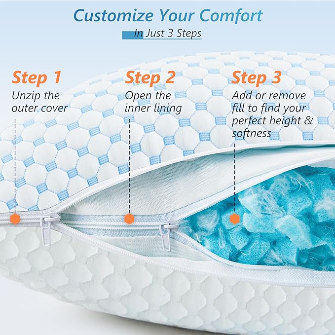 UYWO Cooling Firm Bed Pillows Set of 2, Shredded Memory Foam Pillows for Sleeping Luxury Gel Pillows for Side Back Stomach Sleepers with Removable Washable Cover(Blue, Standard)