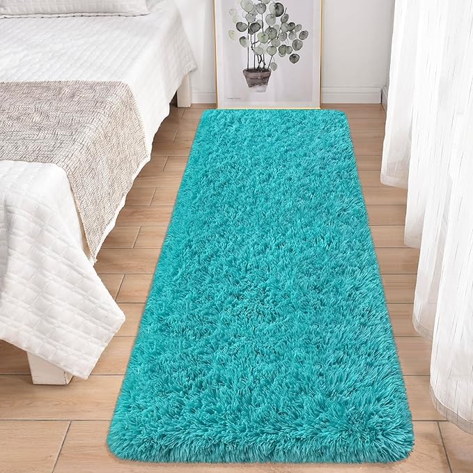 Runner Rug for Bedroom 2x6 Teal Blue Fluffy Shaggy Rug Soft Plush Fuzzy Area Rug Bedside Runners for Hallway Kids Nursery Dorm Playroom Living Room Modern Indoor Decor Carpet
