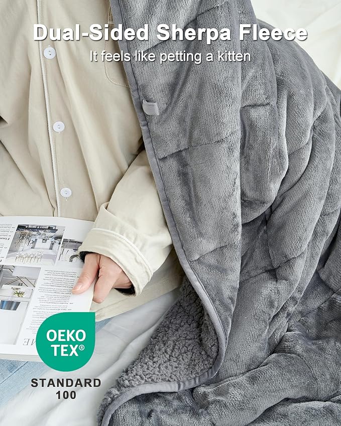 Weighted Blanket 15lbs for Adults, Ultra-Soft Sherpa Fleece Reversible Weighted Throw Blanket for Relaxation & Cozy Evenings, Sleep in A Hug, Evenly Distributed, W60 x L80, Grey