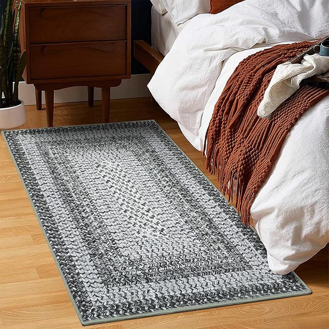 RUGSREAL 2x3 Entryway Rug Small Bedroom Area Rug Braided Printed Mat for Living Room Farmhouse Kitchen Mat Indoor Non Slip Rustic Throw Carpet Machine Washable Rug for Sink Under Table, Grey