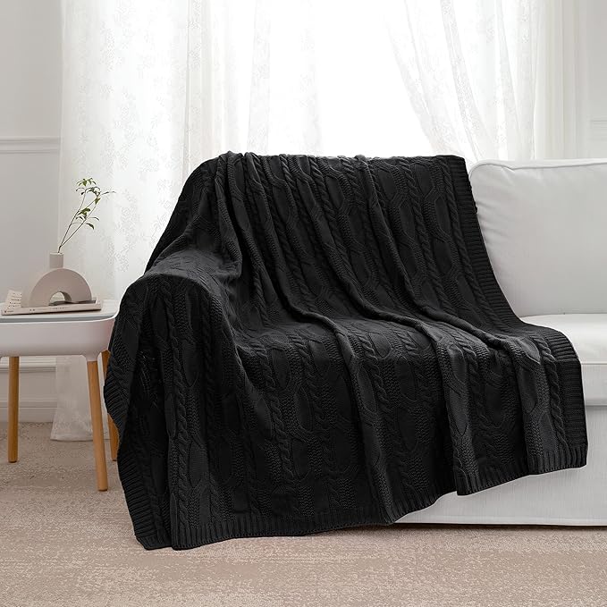 Aormenzy Black Knit Throw Blankets Cable Knit Decorative Throw Blanket Soft Cozy Knitted Blanket for Sofa Couch Bed, 50" x 60"