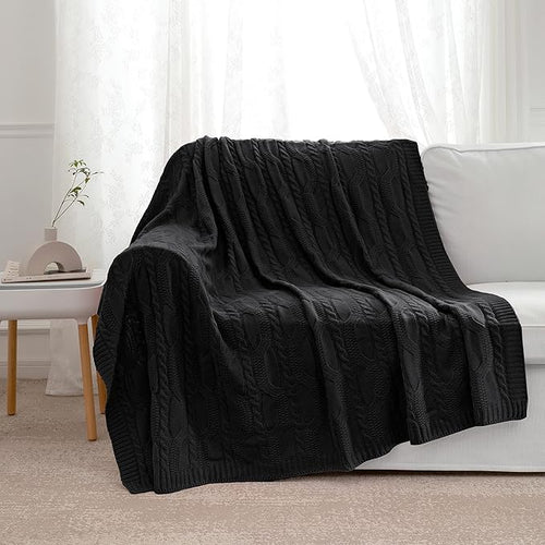Aormenzy Black Knit Throw Blankets Cable Knit Decorative Throw Blanket Soft Cozy Knitted Blanket for Sofa Couch Bed, 50" x 60"