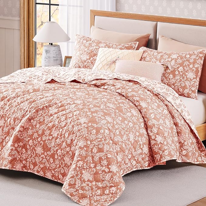 BLOOMHAVEN Quilt Set King Size, Clay Pink Floral Quilt Sets, Reversible Bedspread Lightweight and Breathable for All Seasons, Soft Quilted Bedspread with 2 Pillow Shams