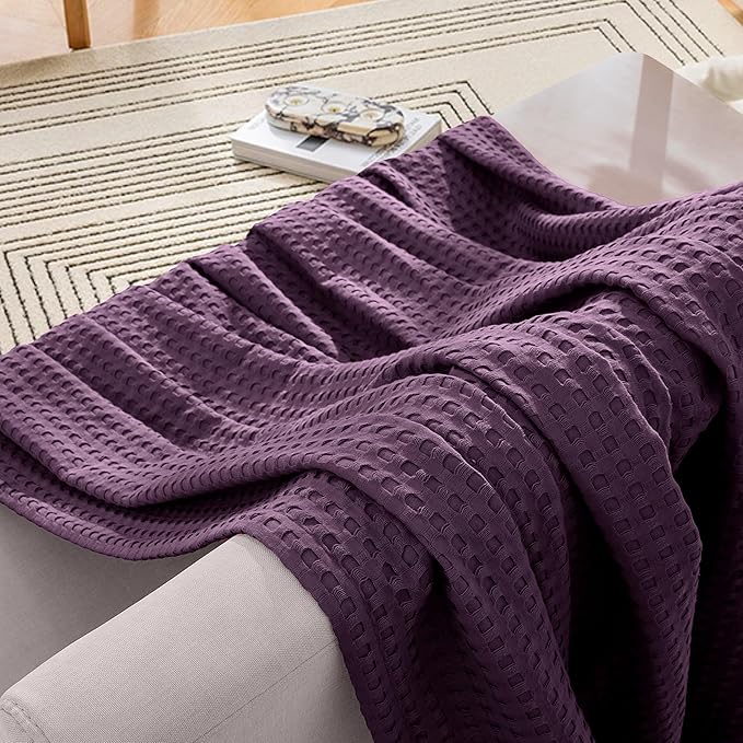 Elegant Comfort Premium 100% Cotton Waffle Blanket - Lightweight Breathable Waffle Weave Bed Blanket - Soft and Warm All Season Blanket for Couch, Sofa and Bed, King Size 90x108 Inches, Purple